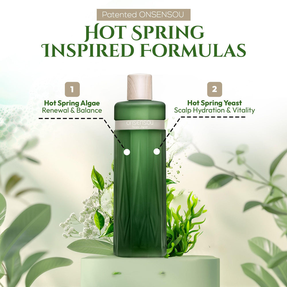 ONSENSOU hot spring yeast ingredients close-up promoting balanced scalp hydration.