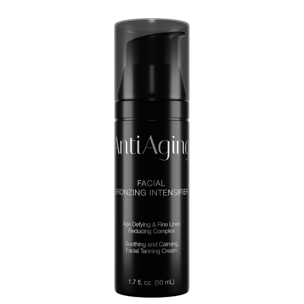 Onyx Anti-Aging Face Tanning Lotion bottle close-up shows hydrating formula for a smoother tan.