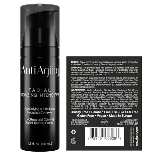Onyx Anti-Aging Face Tanning Lotion pump demonstrates quick absorption and non-greasy feel.
