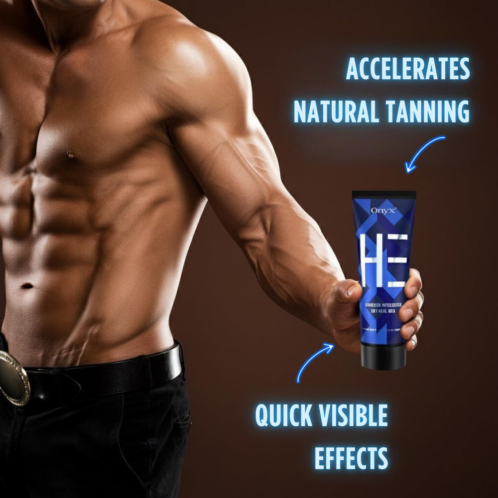 Onyx HE mens tanning lotion in indoor setting with tanning bed scene