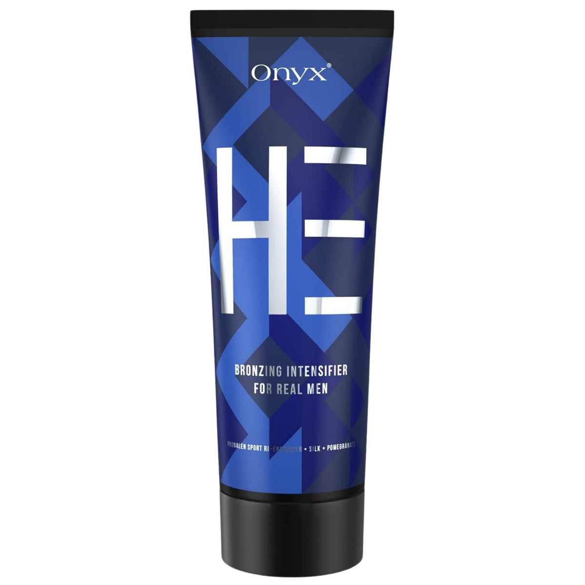 Onyx HE mens tanning bed lotion bottle close-up showing premium packaging