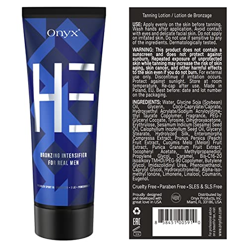 Onyx HE mens lotion with muscle bronzing complex enhances definition while tanning
