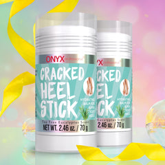 Hands apply Onyx balm stick to rough heel to soften skin