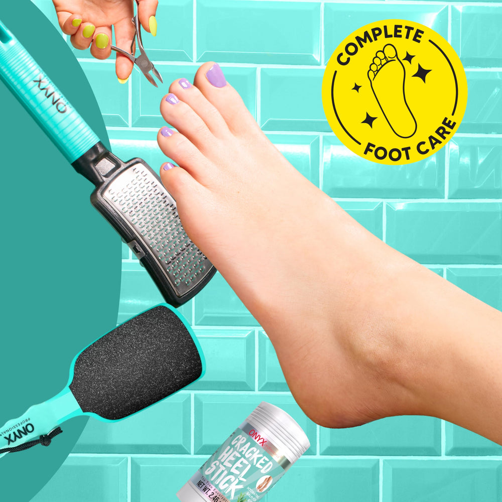 Foot-care balm on heel during application demonstrates mess-free roll-on design.