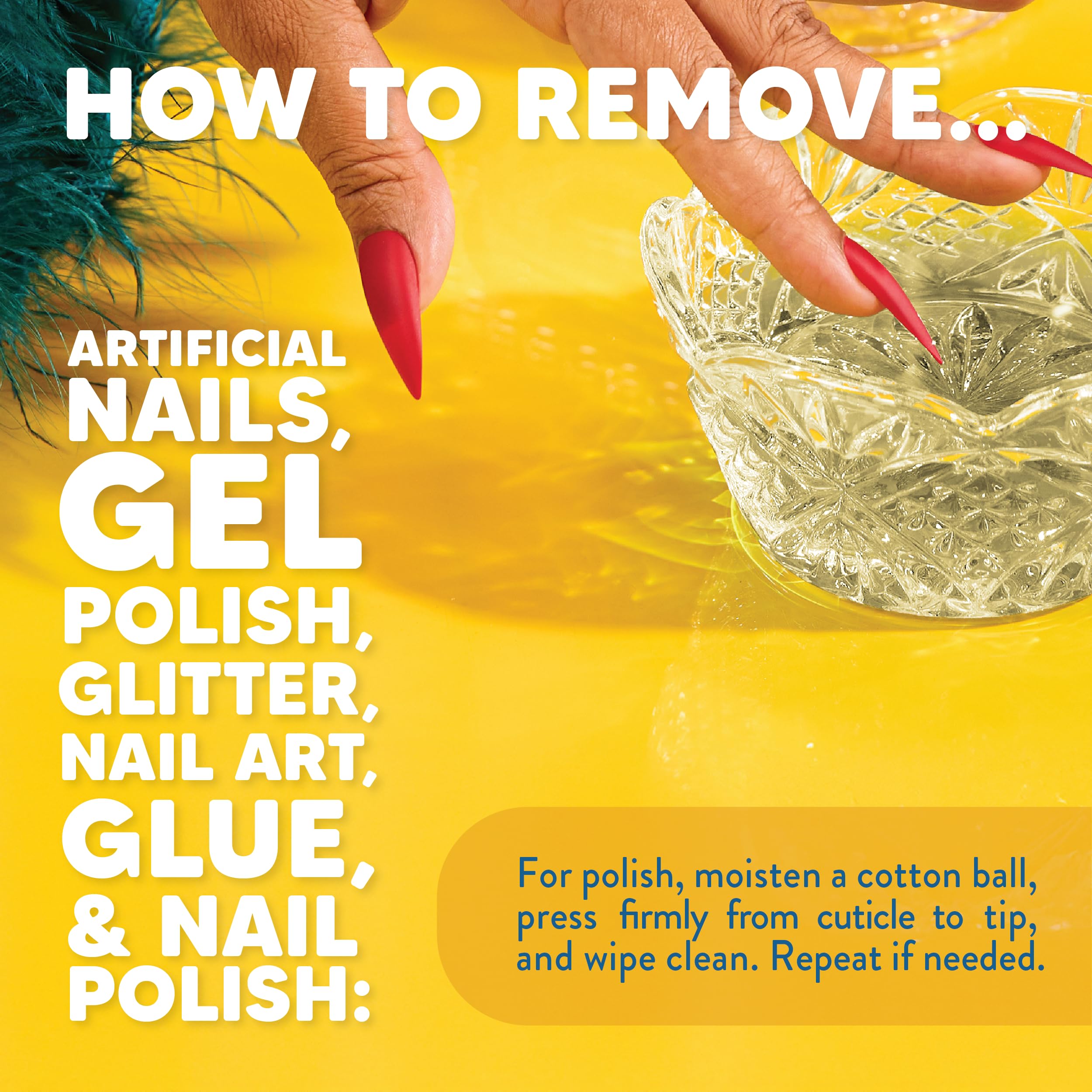 Glitter polish removal demonstrated with Onyx Professional acetone formula for tough surfaces.