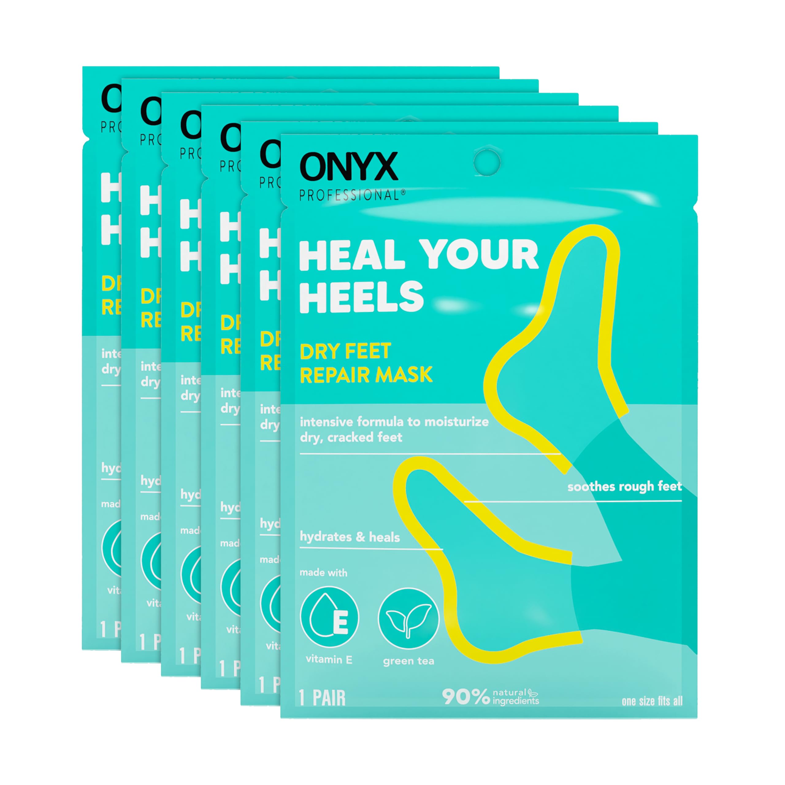 Onyx Professional Heal Your Heels kit display showing six treatment socks for dry feet.