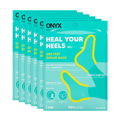 Onyx Professional Heal Your Heels kit display showing six treatment socks for dry feet.