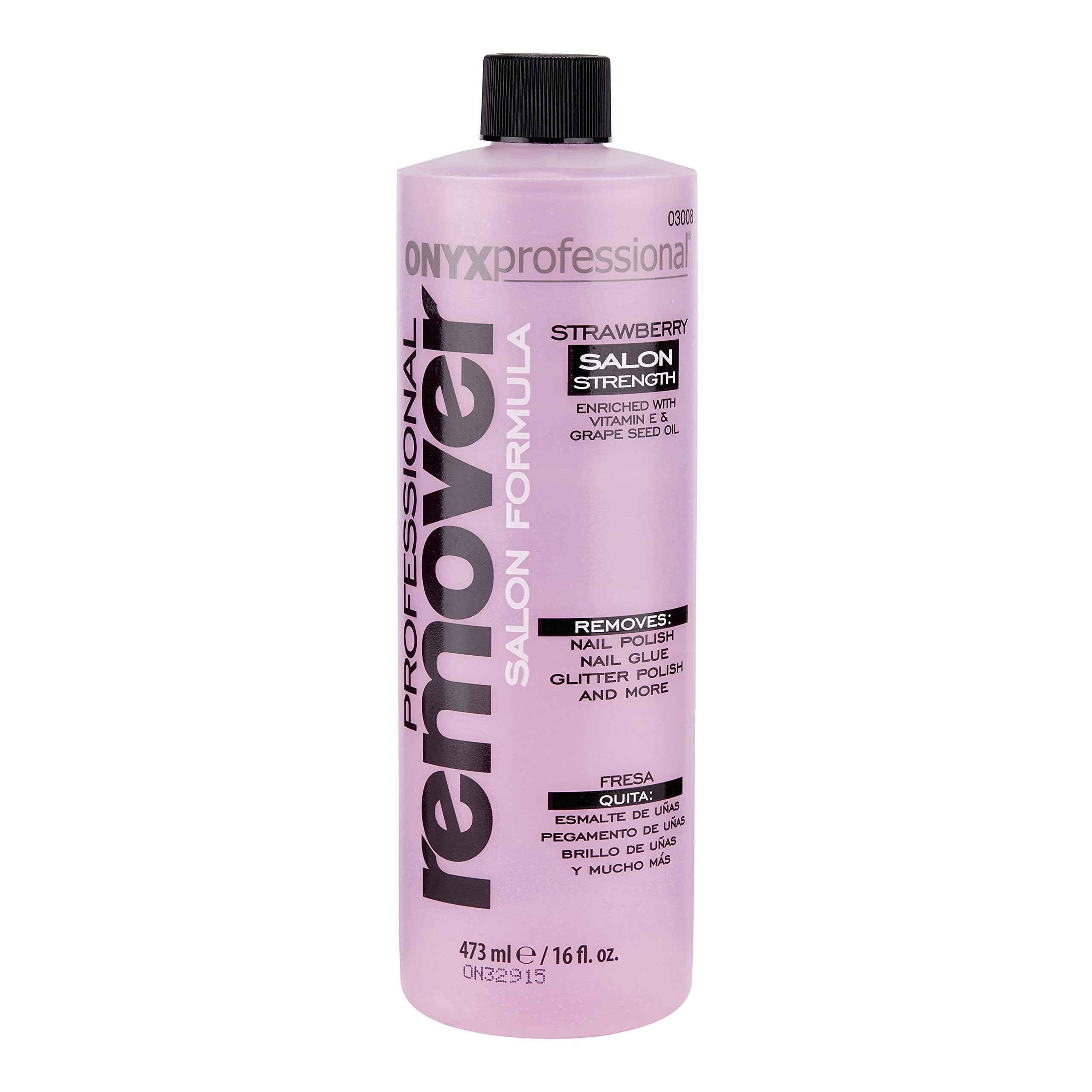 Onyx Professional Strawberry Nail Polish Remover bottle removes polish and conditions nails.