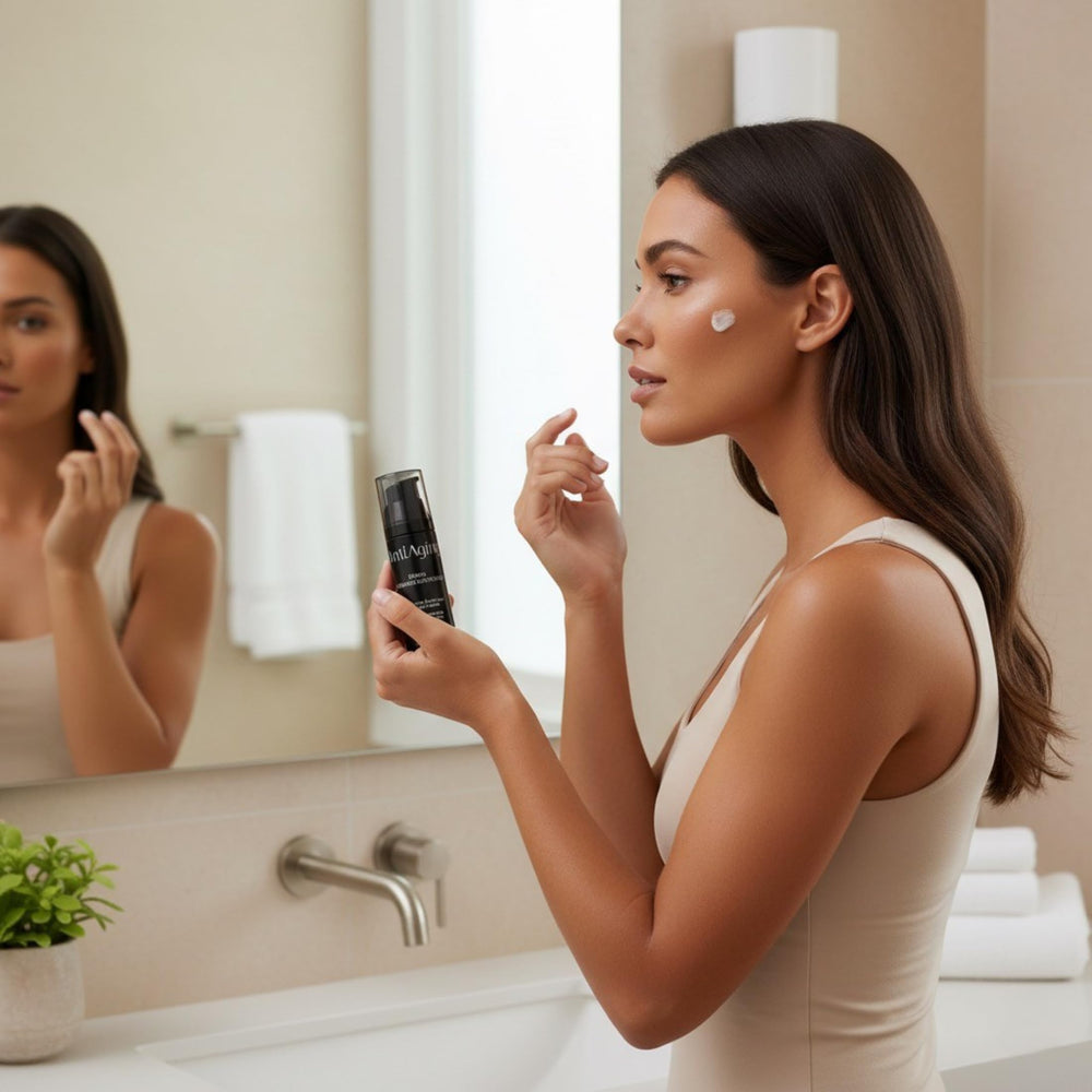 Onyx routine-ready bottle on bathroom shelf supports daily self-care.