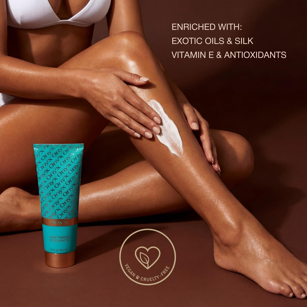 Onyx tropical-scent lotion enhances tanning routine with refreshing aroma.
