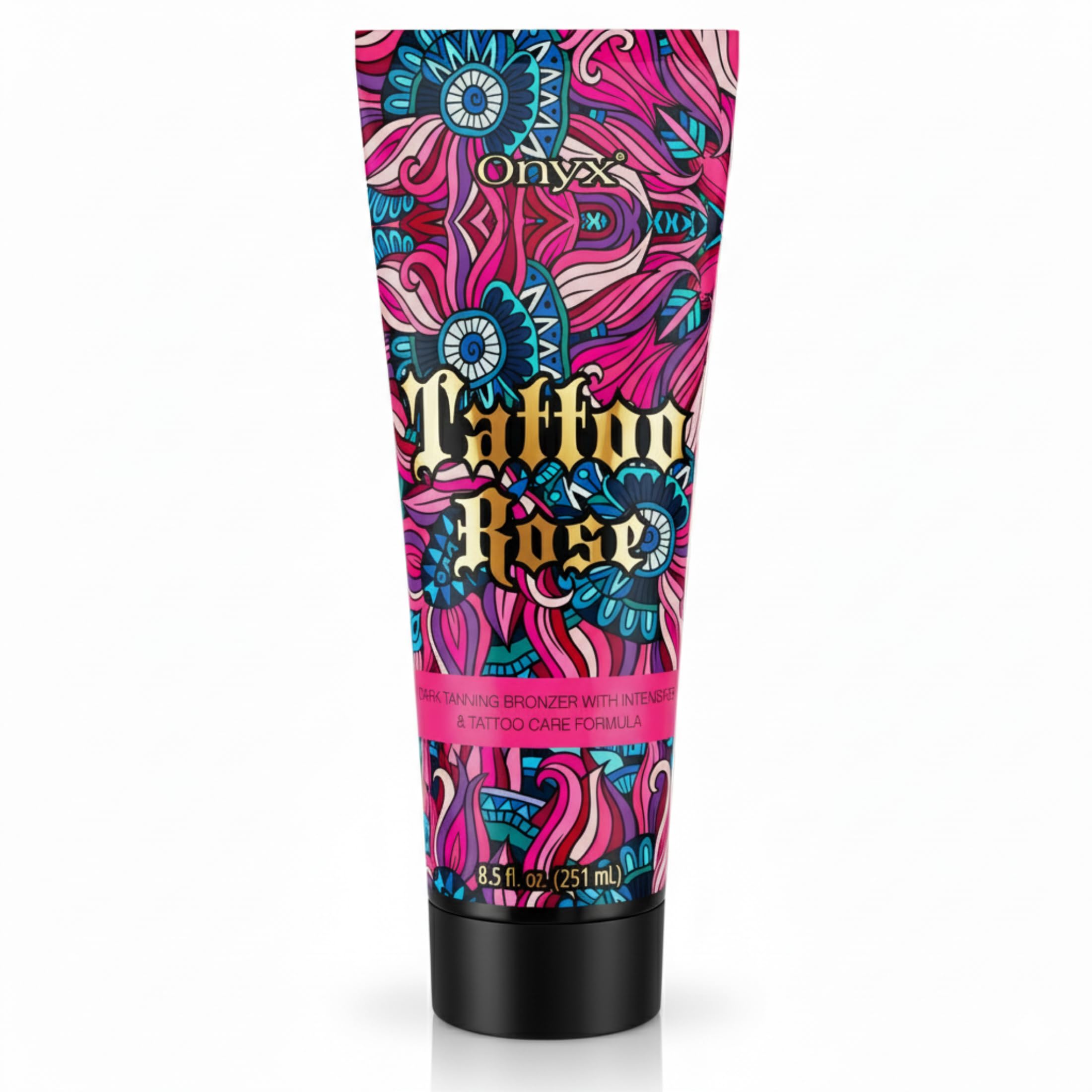 Onyx Tattoo Safe Tanning Lotion bottle demonstrates hydrating formula for indoor tanning.