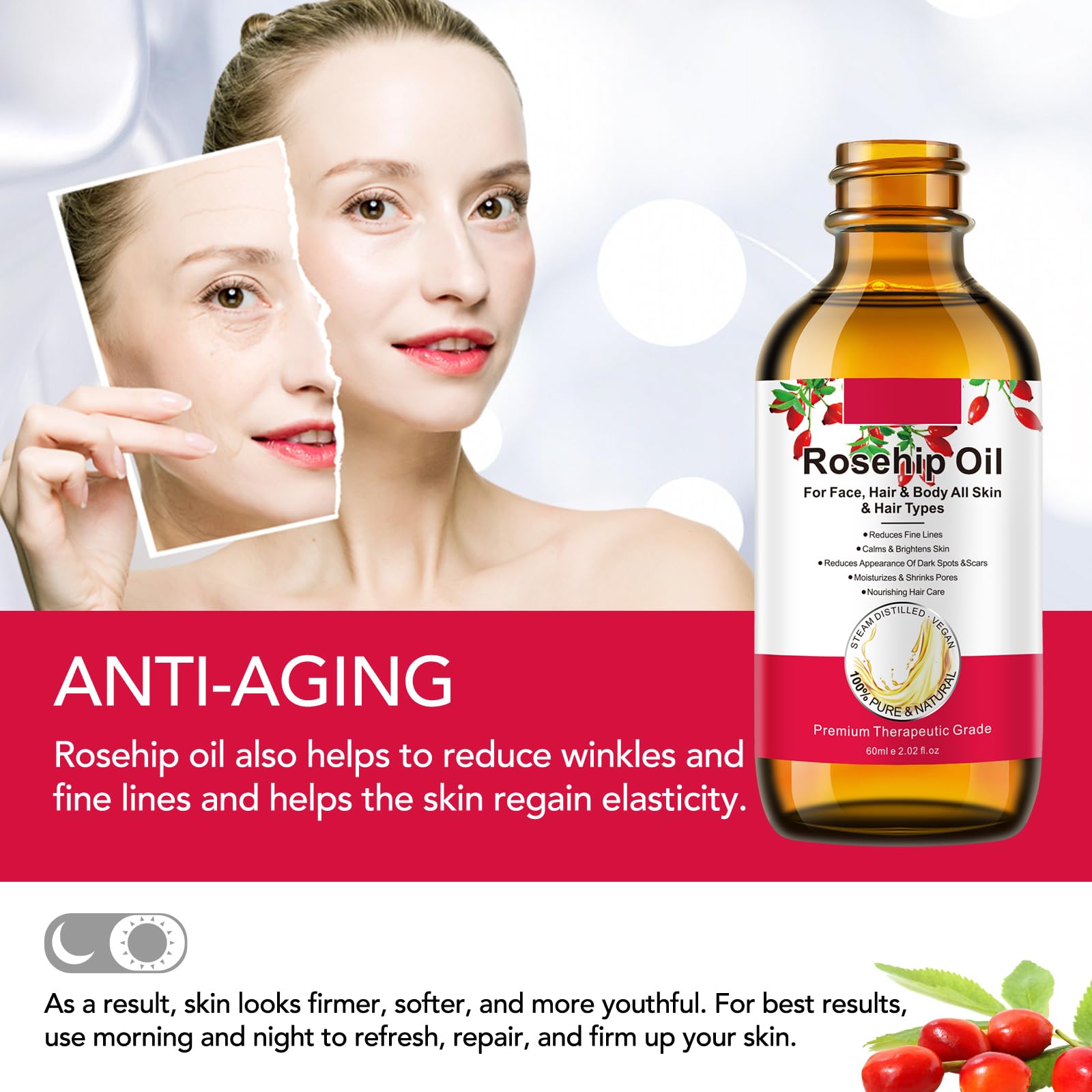 Onznoz Rosehip Oil being applied to hands and face during routine.