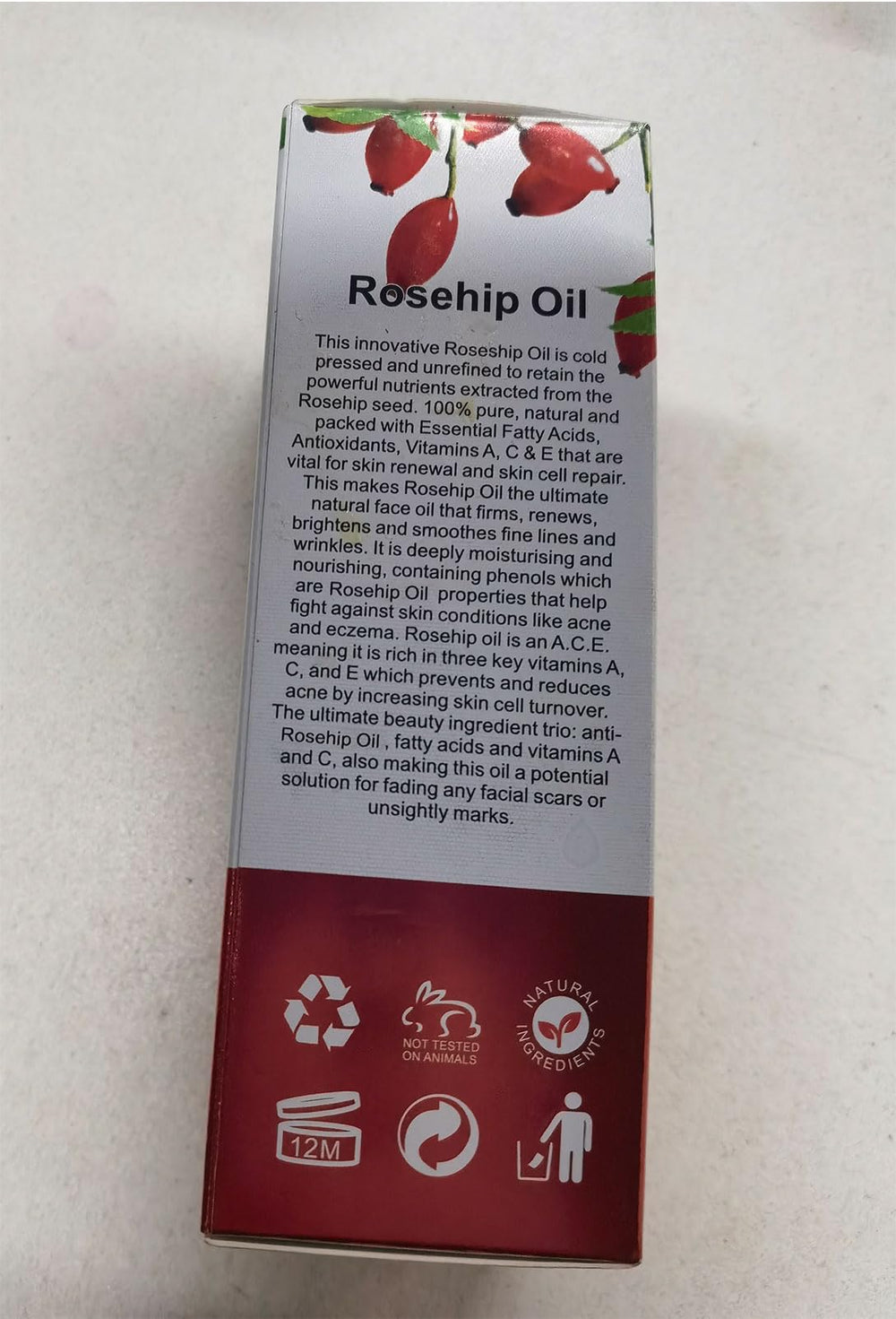 Onznoz Rosehip Oil packaging with label and branding.