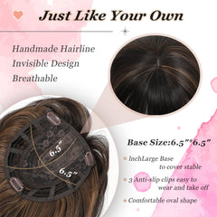 OOPPOO topper in dark brown mixed chestnut bangs blends naturally.
