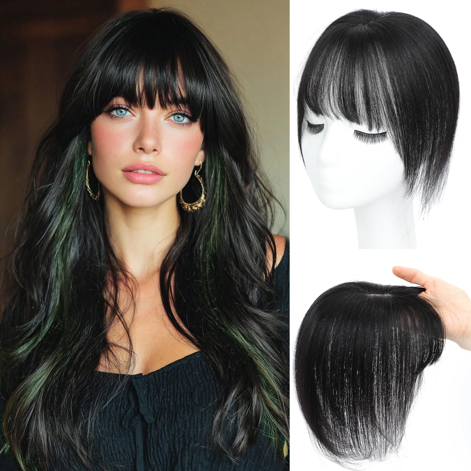 OOPPOO hair topper with clip-in bangs adds instant volume for thinning crowns.