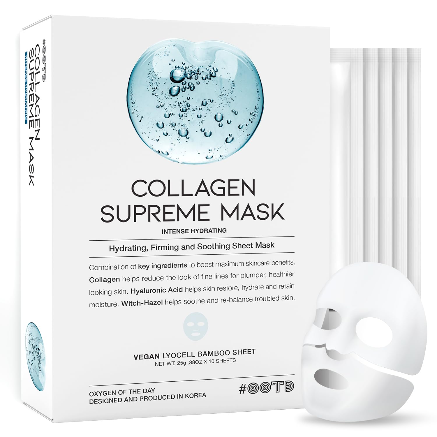 OOTD Collagen Hydrating Sheet Mask packaging front with vegan certification.