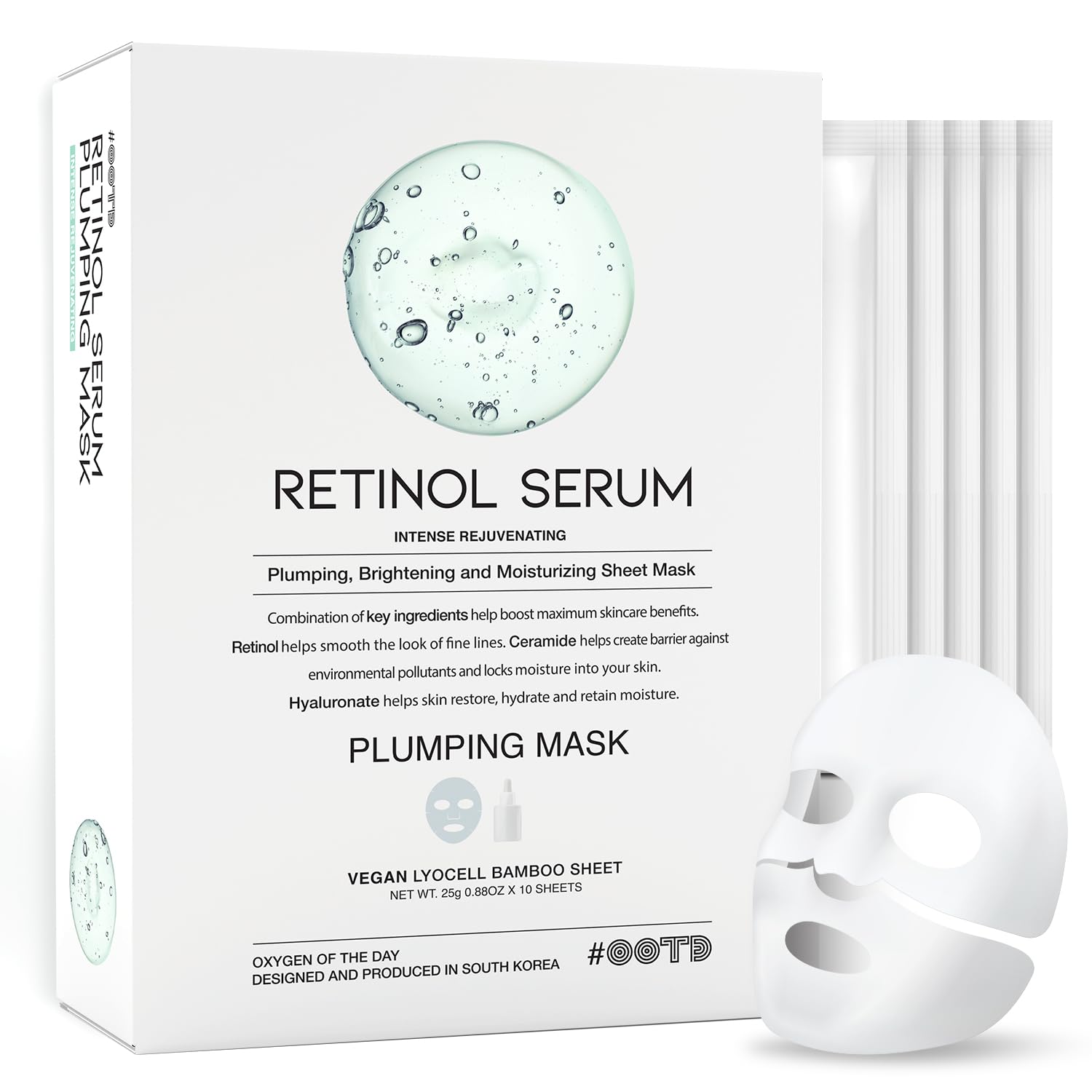 OOTD rejuvenating retinol sheet mask packaging highlighting vegan certification.