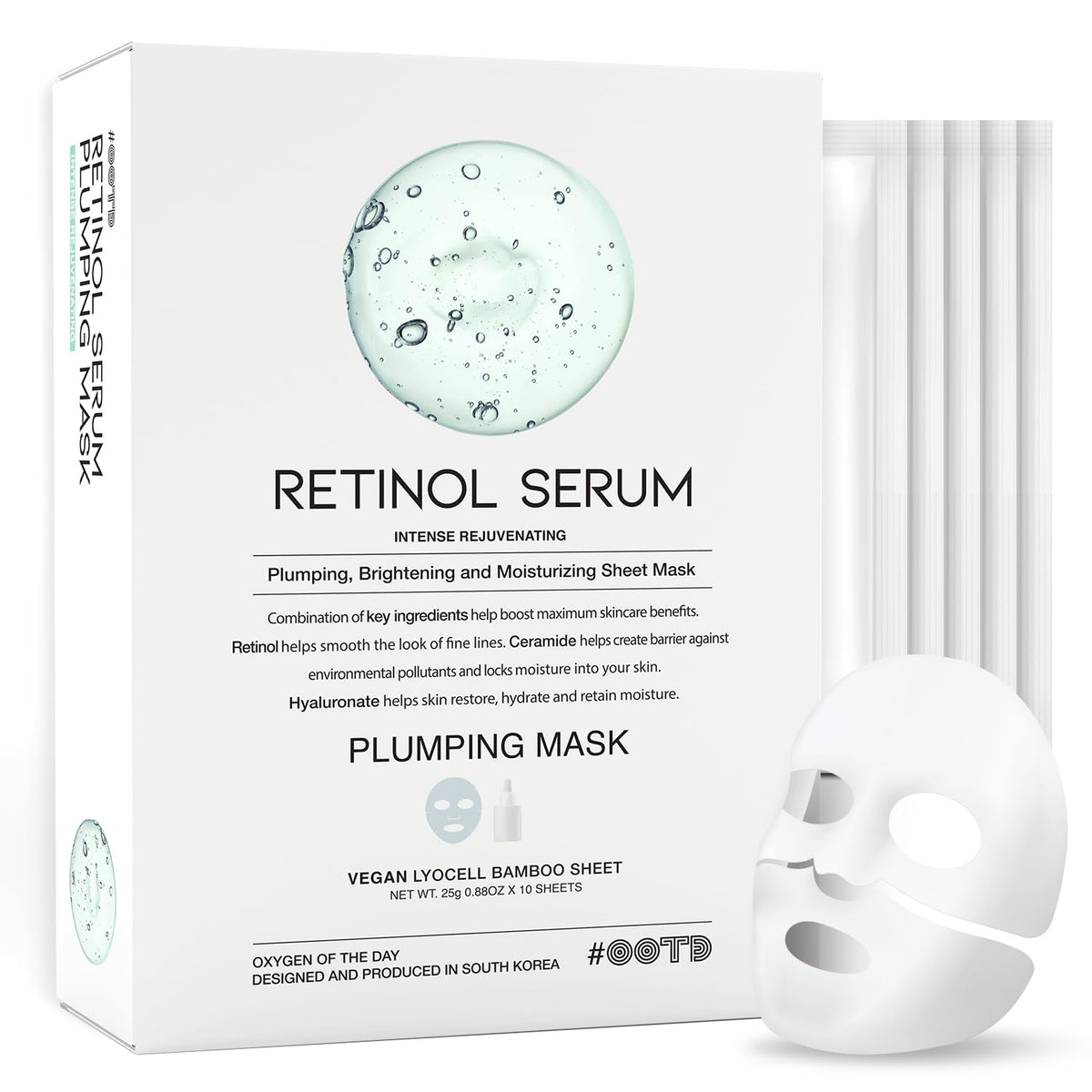 OOTD rejuvenating retinol sheet mask packaging highlighting vegan certification.