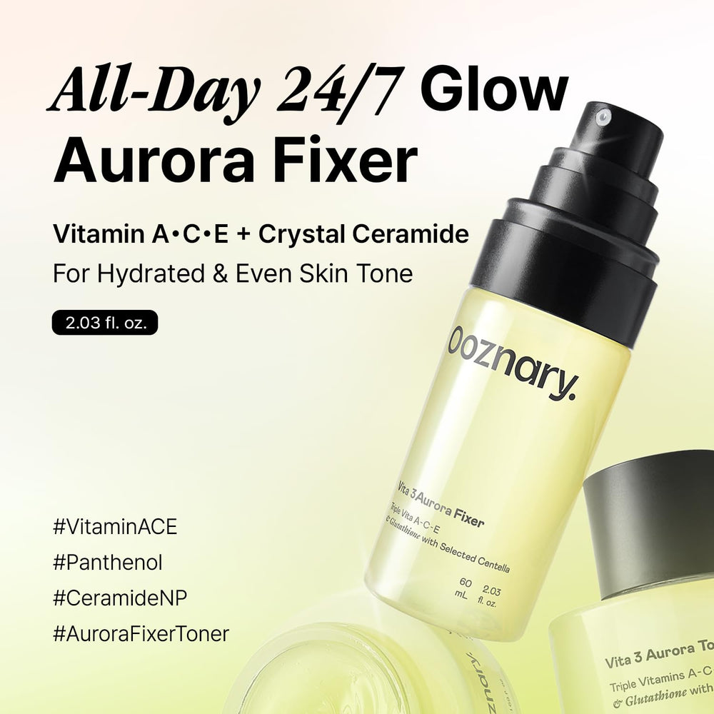 OOZNARY Vita 3 Aurora Toner bottle close-up highlighting luxe formula for glowing skin