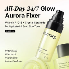 OOZNARY Vita 3 Aurora Toner bottle close-up highlighting luxe formula for glowing skin