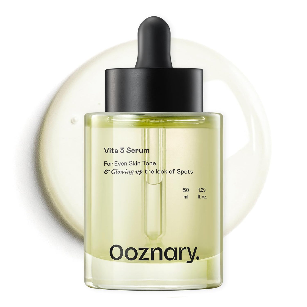 OOZNARY Vita 3 Serum bottle closeup showing premium packaging and clear serum for daily use
