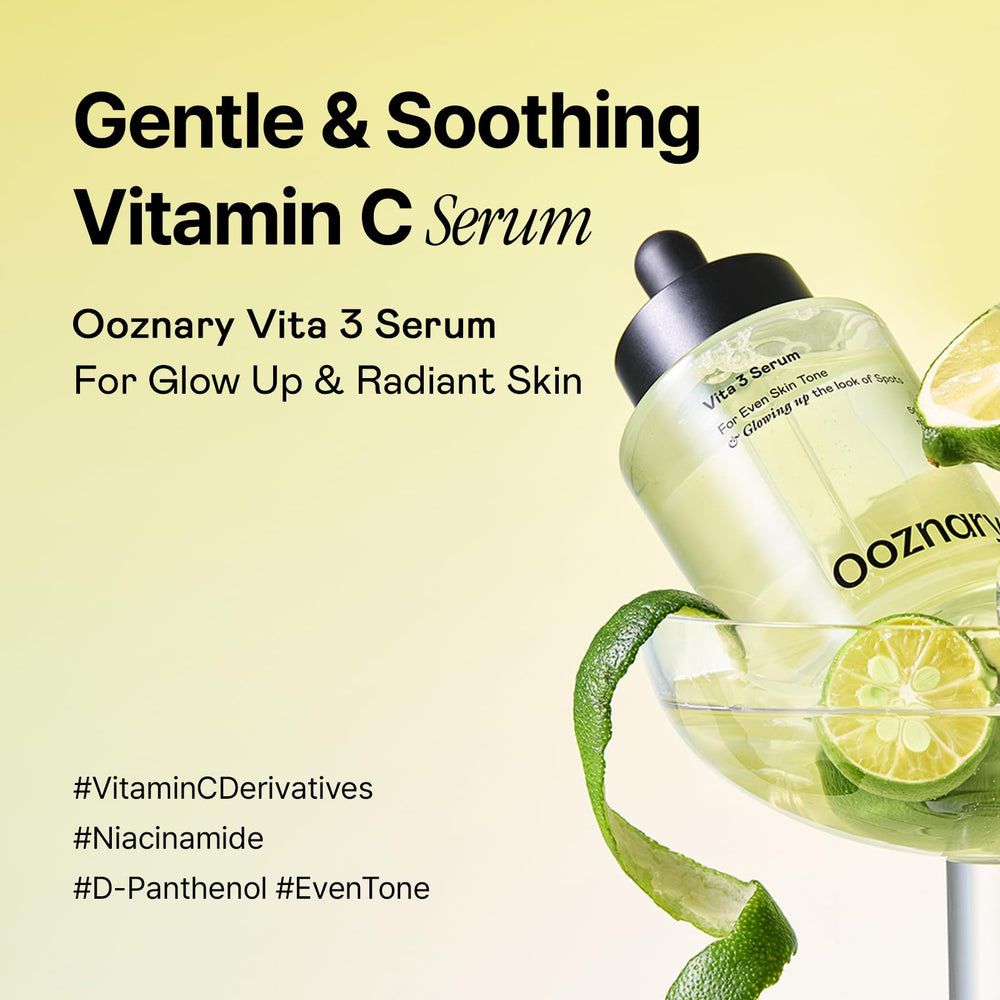Label highlights Vitamin C derivatives for gentle brightening on OOZNARY Vita 3 Serum