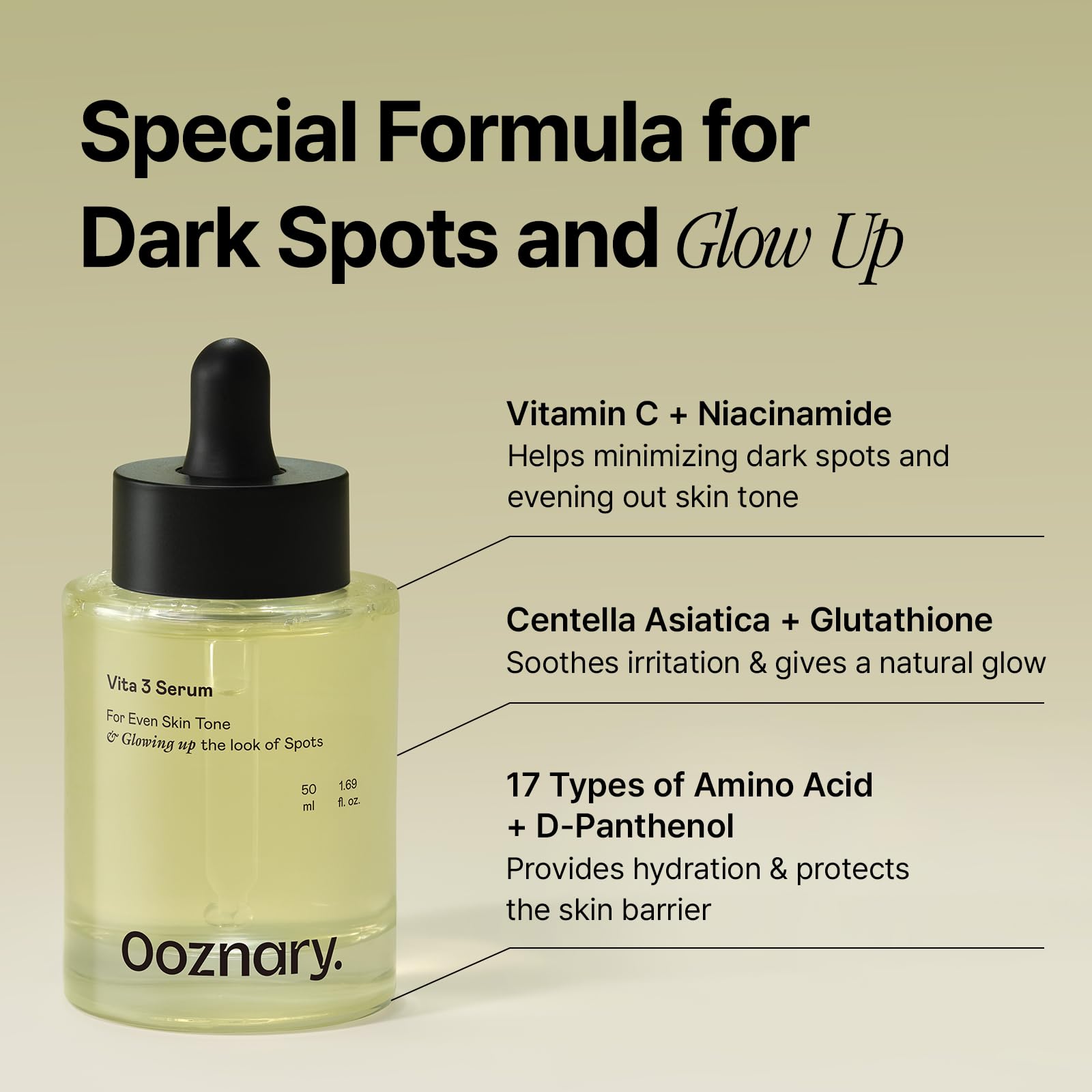 Illustration of amino acids indicating gentle exfoliation and hydration in OOZNARY Vita 3 Serum