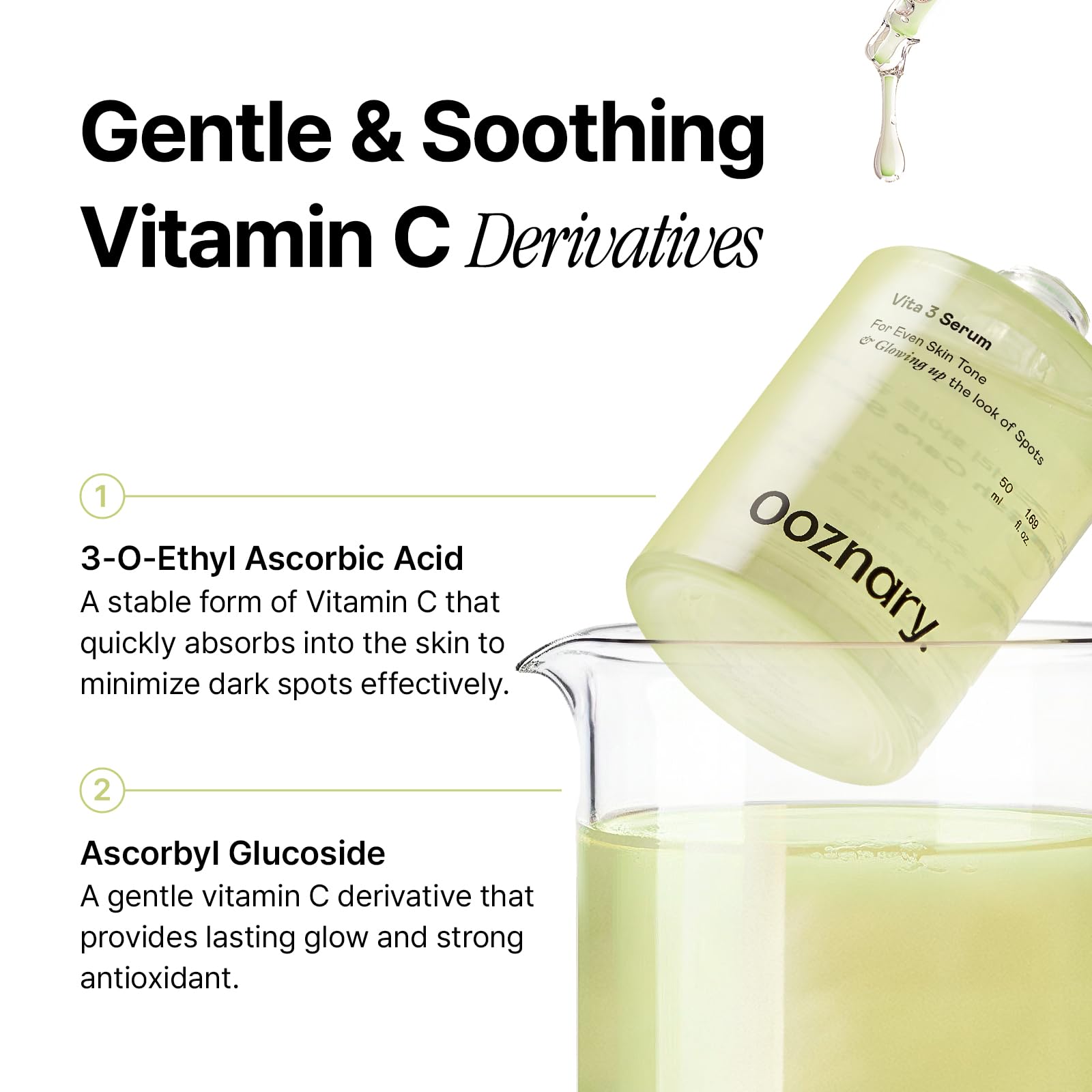 Packaging notes Niacinamide and Glutathione for balanced skin on OOZNARY Vita 3 Serum
