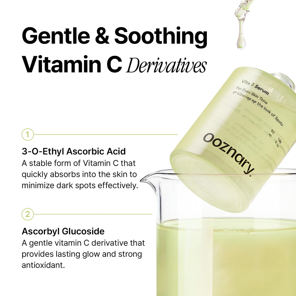 Packaging notes Niacinamide and Glutathione for balanced skin on OOZNARY Vita 3 Serum
