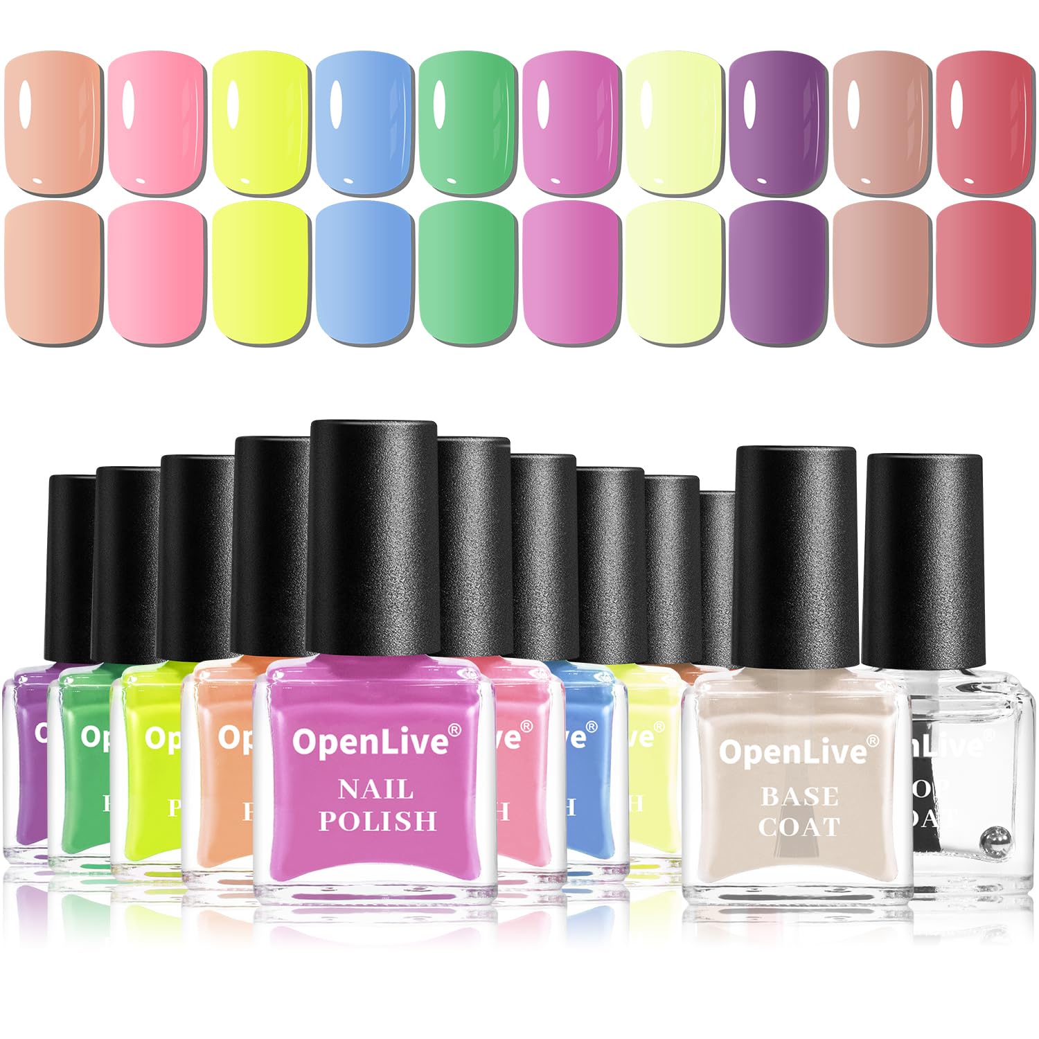 OpenLive nail polish set featuring ten colors for versatile manicures.
