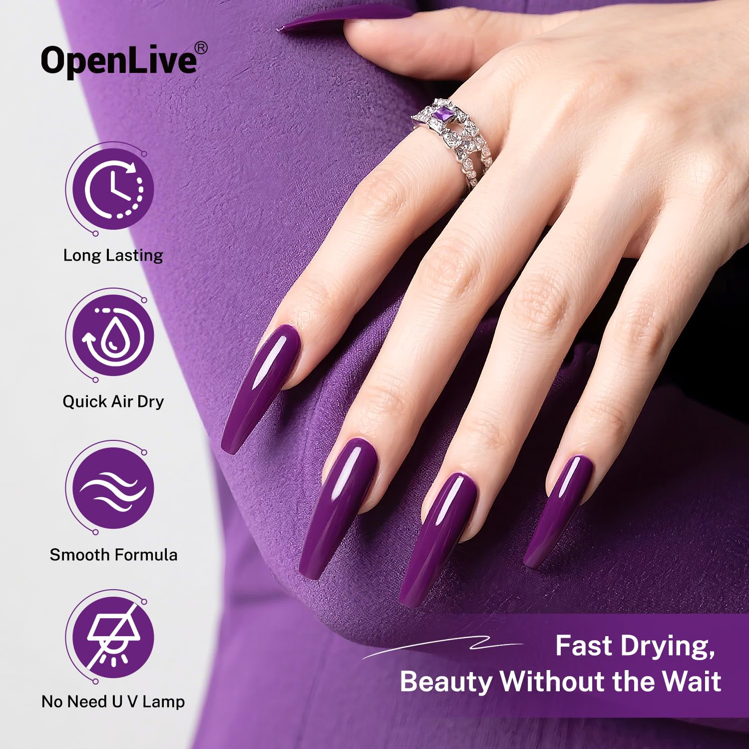 OpenLive nails close-up highlights vibrant purple shade for stylish looks