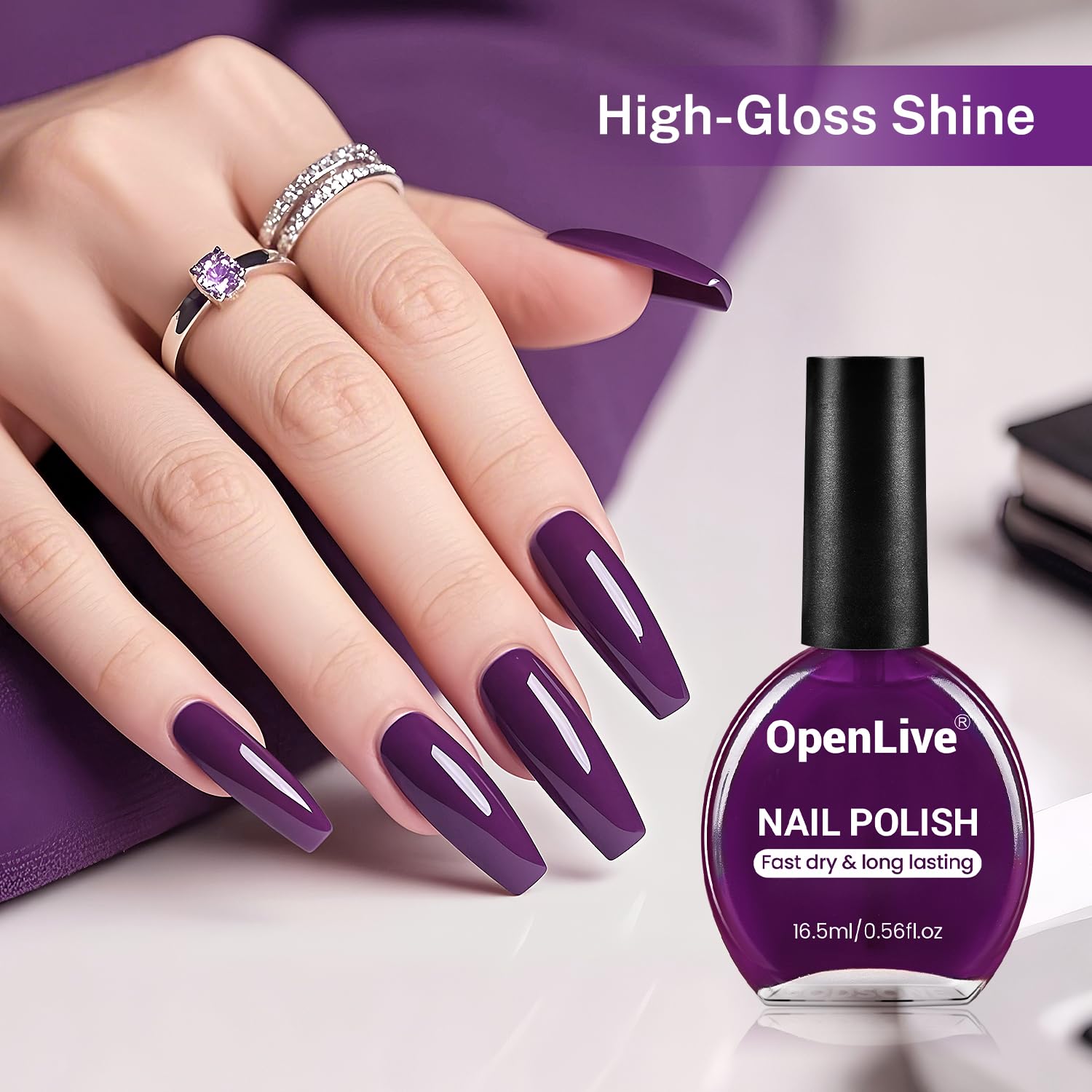OpenLive purple polish on nails shows long-lasting color during daily wear