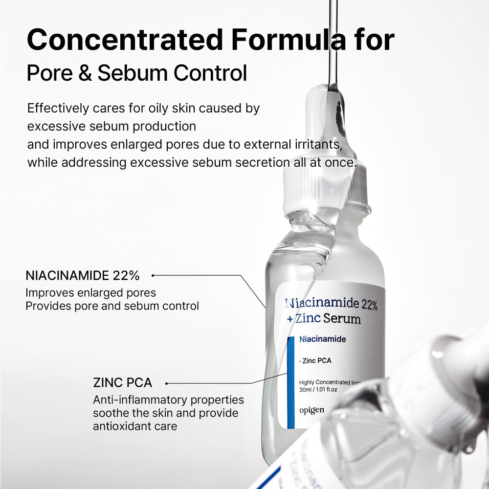 Opigen Niacinamide zinc serum ingredients image underscores niacinamide and zinc benefits.