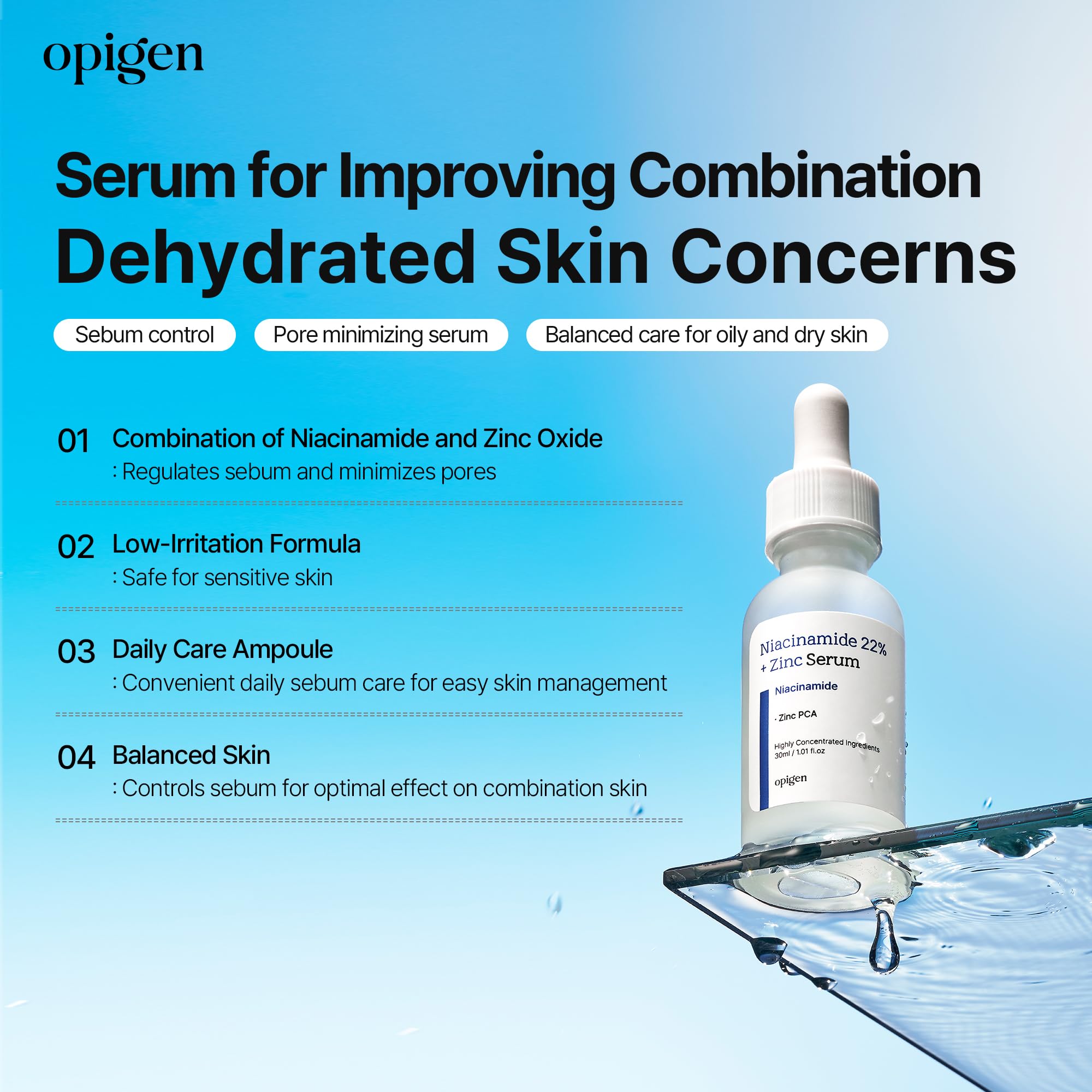 Opigen Niacinamide bottle angled shot highlights a non-greasy, refreshing finish.