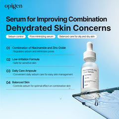 Opigen Niacinamide bottle angled shot highlights a non-greasy, refreshing finish.