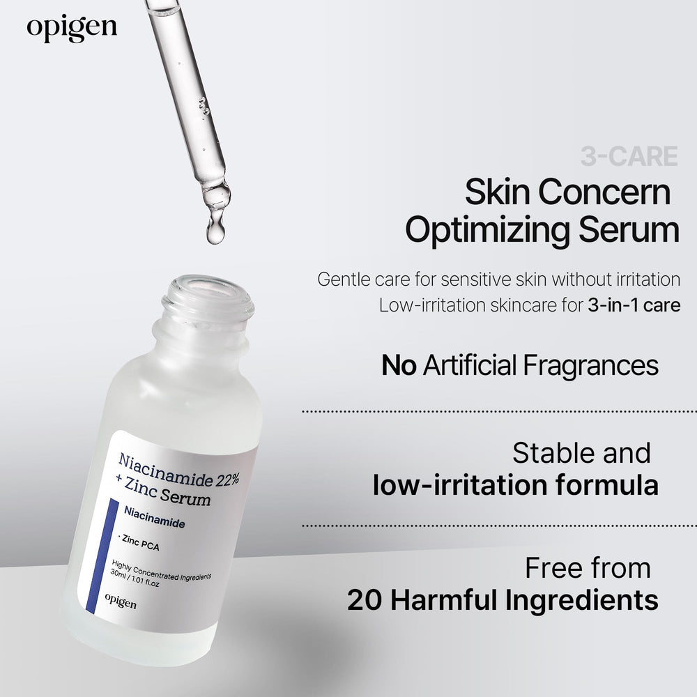 Opigen Niacinamide 22% zinc serum applied in routine promotes smoother pores.
