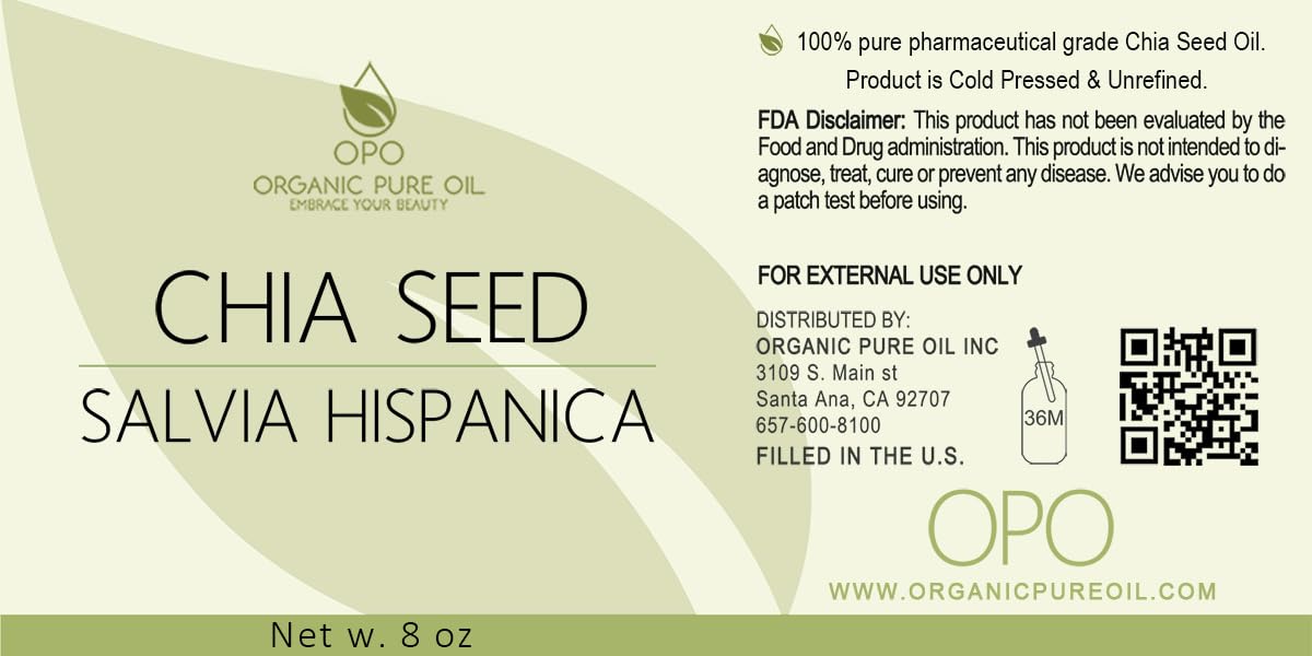 OPO Chia Seed Oil label highlights a single-ingredient formula for care.