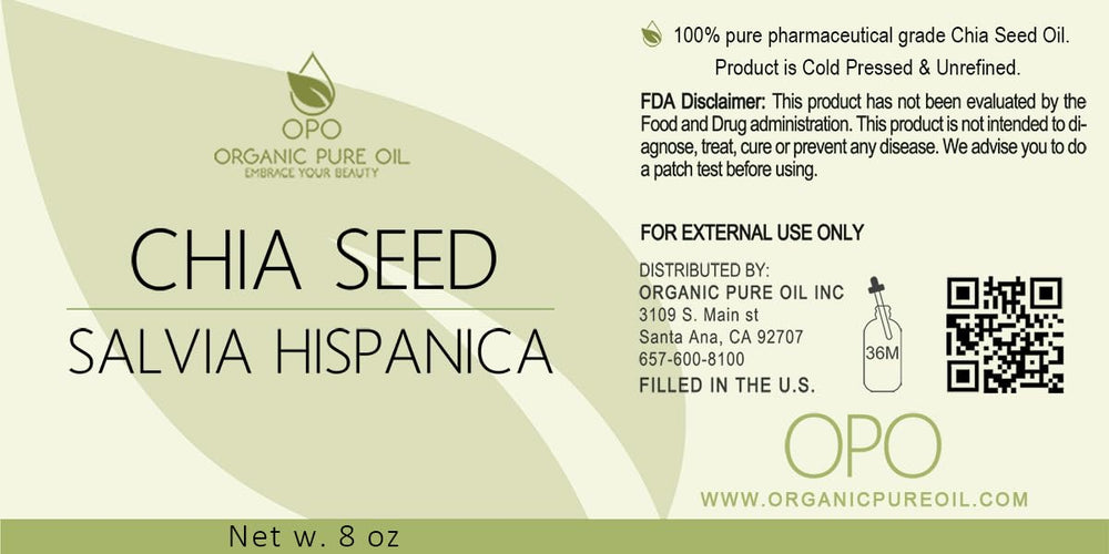 OPO Chia Seed Oil label highlights a single-ingredient formula for care.