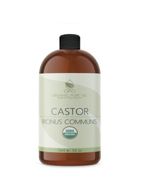 OPO Organic Castor Oil bottle front shows pure, odorless oil for daily skin care.