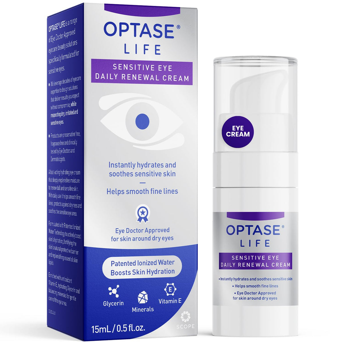 Optase LIFE packaging close-up shows preservative-free formula for dry eye skin care