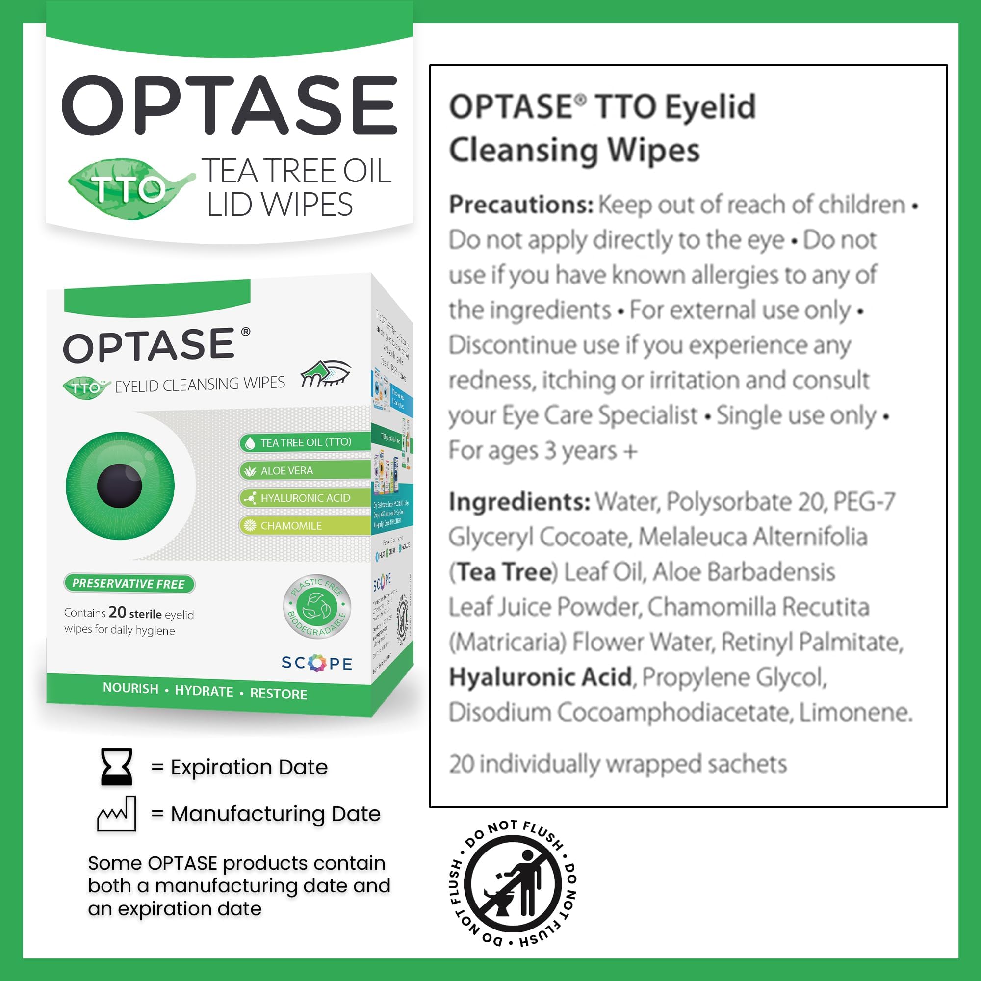 Optase TTO wipes close-up with tea tree oil for gentle eyelid cleansing.