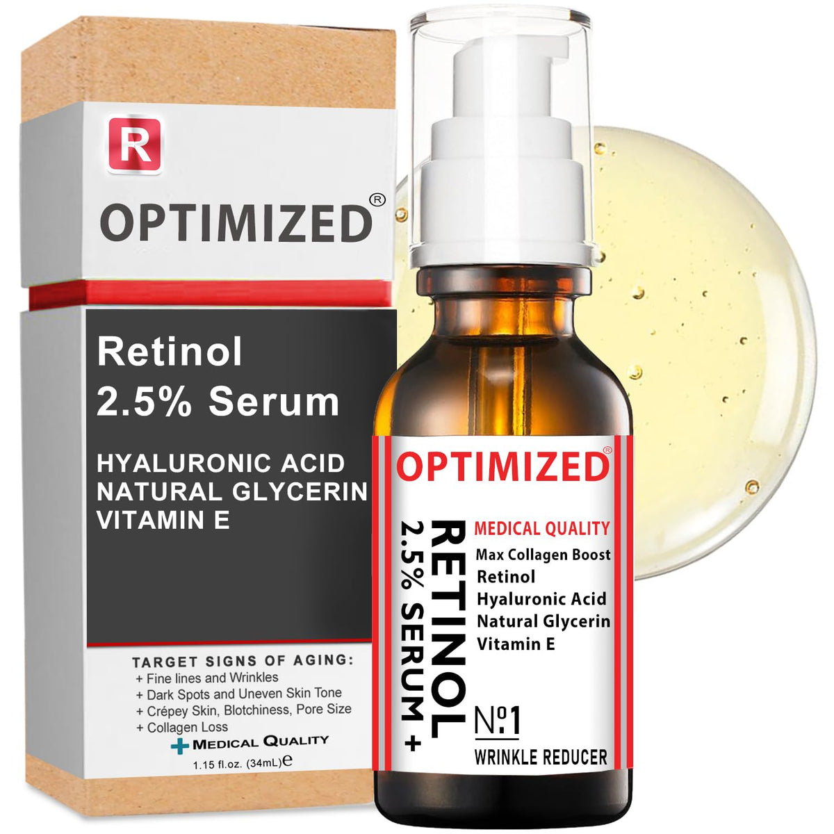 OPTIMIZED Retinol Serum bottle shows 2.5% formula for smoother skin
