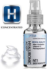 OPTIMIZED Vitamin C Serum bottle pour with hyaluronic acid highlights hydration and daily skin care