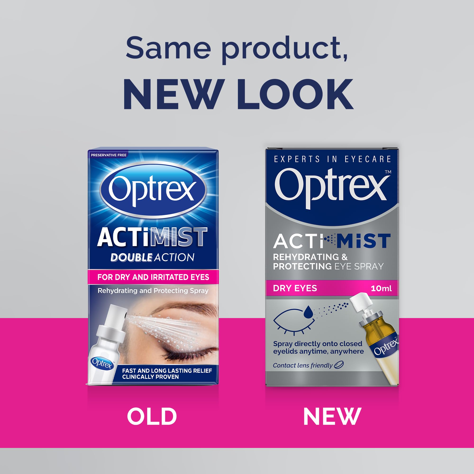 Close-up of Optrex ActiMist spray in action delivering instant eye hydration