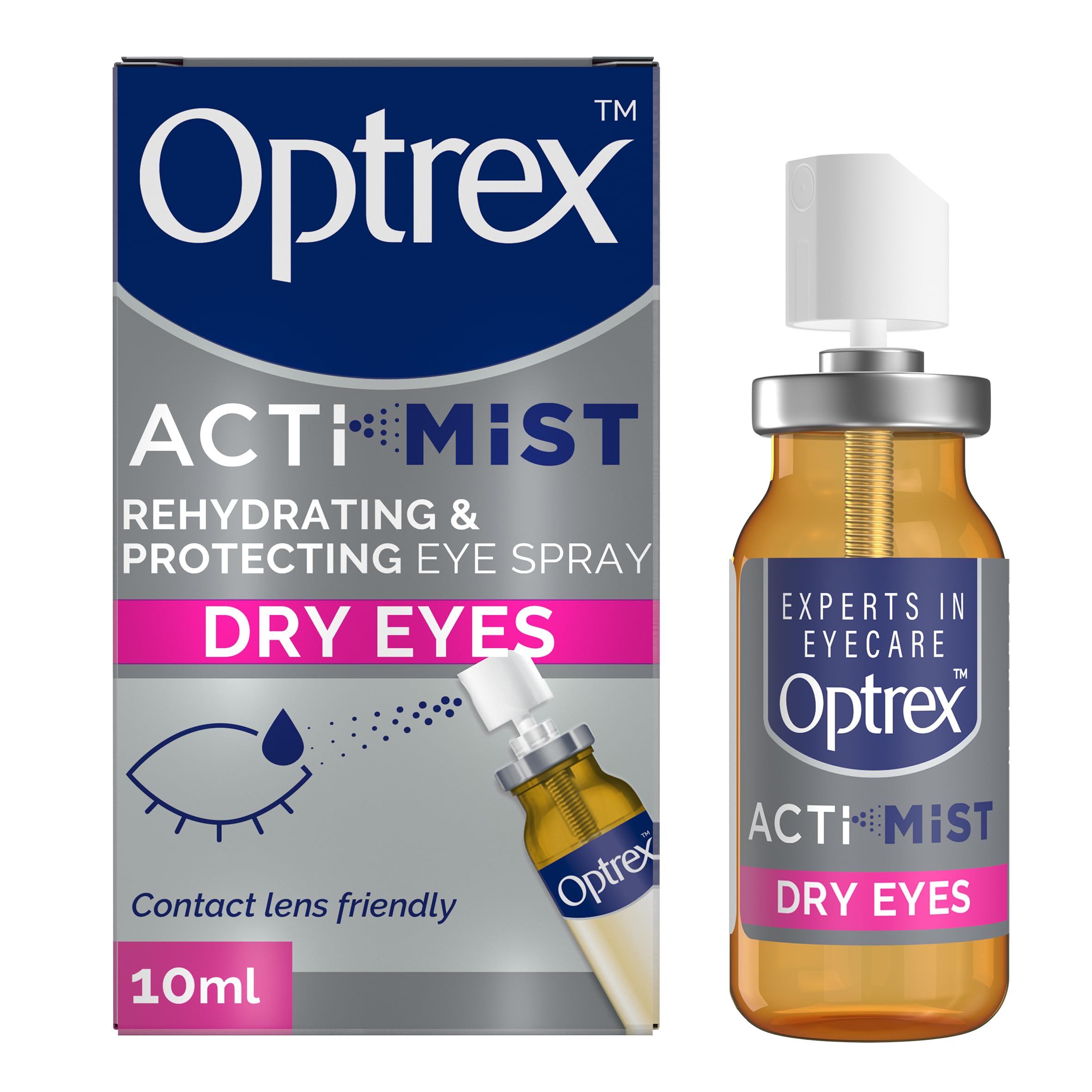 Optrex ActiMist 2in1 eye spray bottle shows easy touch-free relief