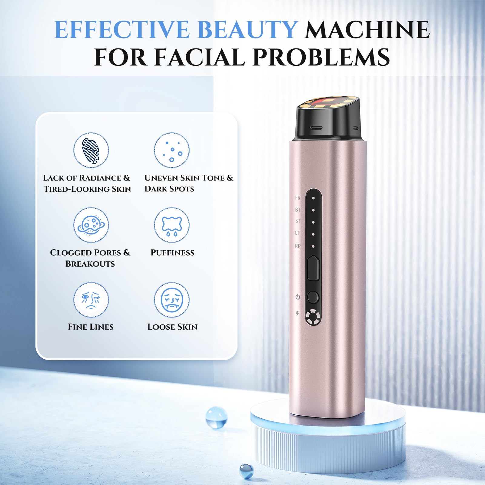 Oranmagic 5-in-1 massager side view emphasizes portable design for spa-like skincare anywhere.