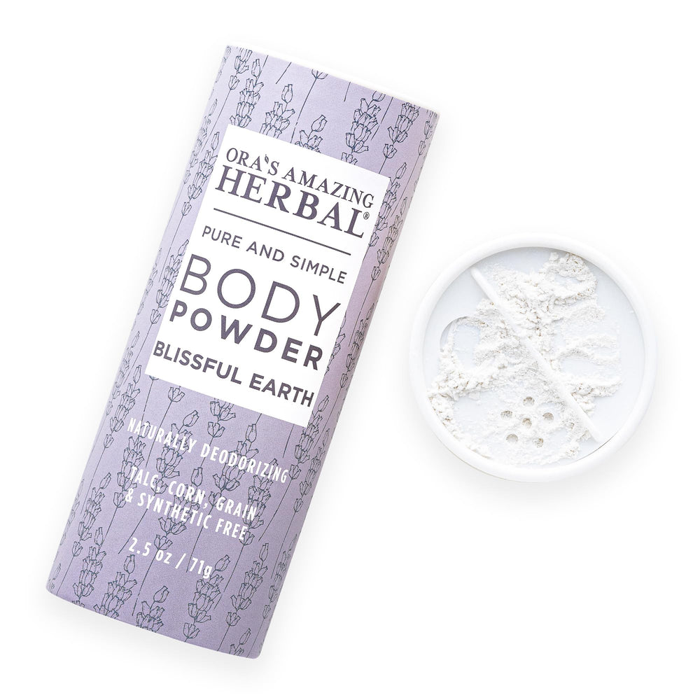 Ora's Amazing Herbal Blissful Earth powder in tube for on-the-go freshness.