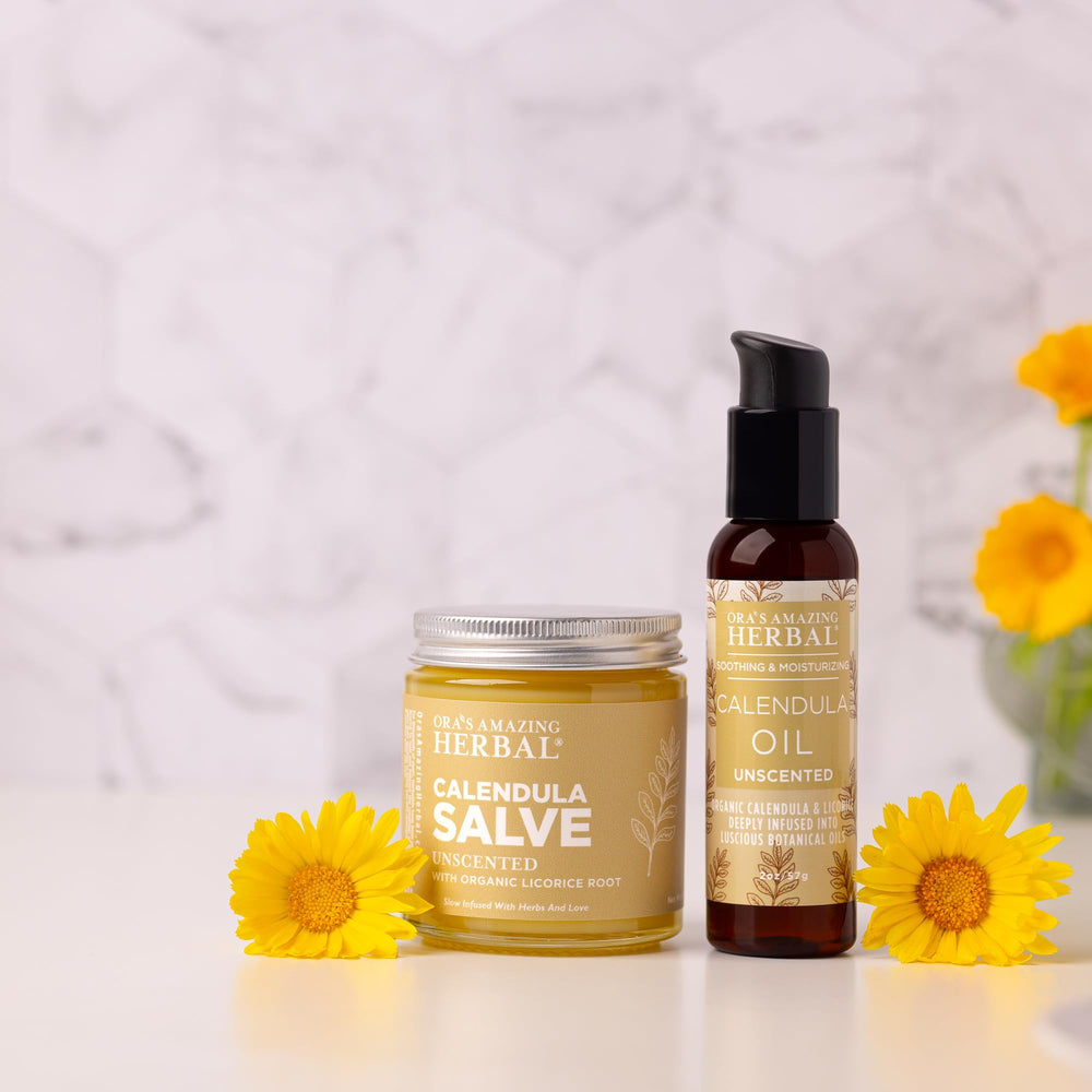 Ora's Amazing Herbal calendula oil bottle 2oz for light skin hydration.