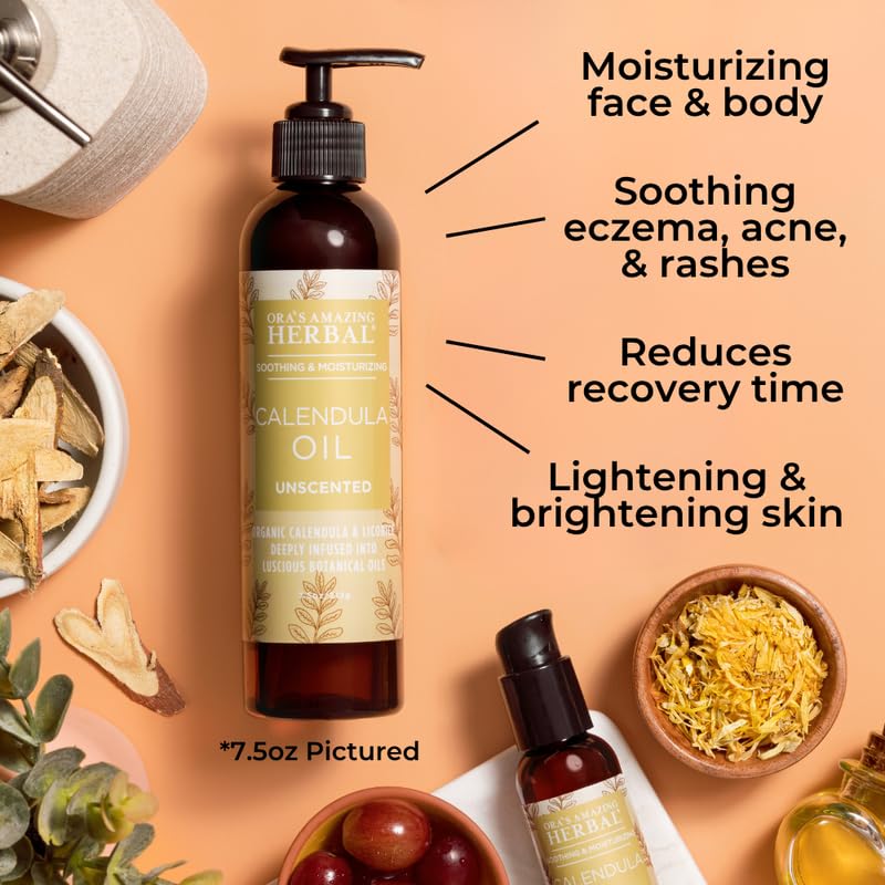 Ora's Amazing Herbal calendula oil drops close-up illustrates soothing application for dry patches