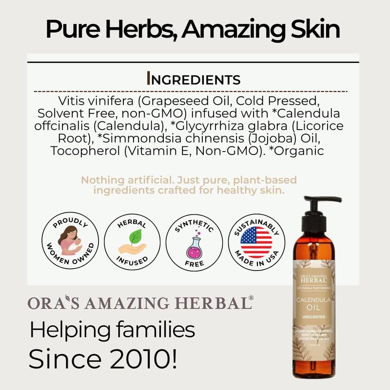 Ora's Amazing Herbal calendula oil fragrance-free logo confirms fragrance-free formula